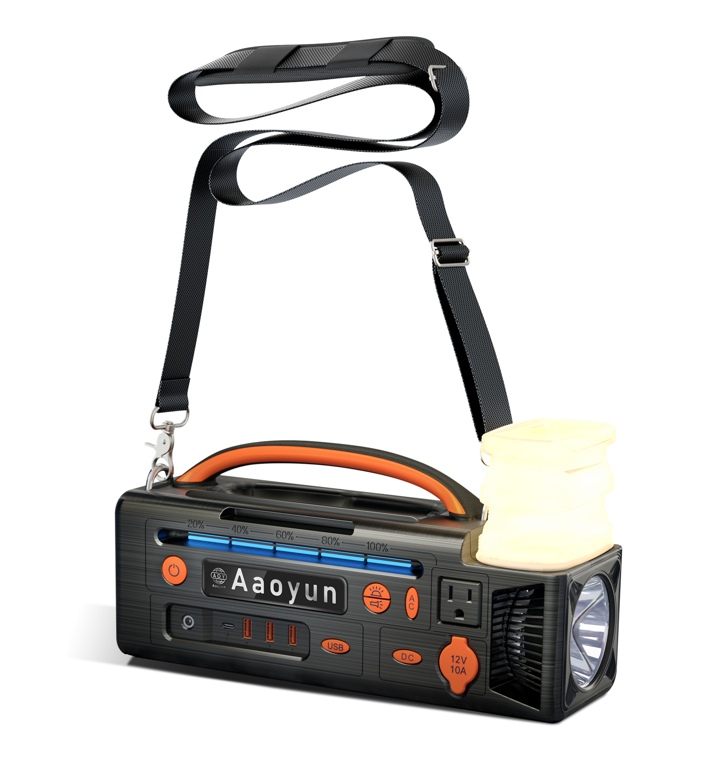 AOY-320 ポータブル電源 296Whバッテリー、純正弦波インバーター搭載、LED懐中電灯、キャンプライト付き 300Wソーラー発電機