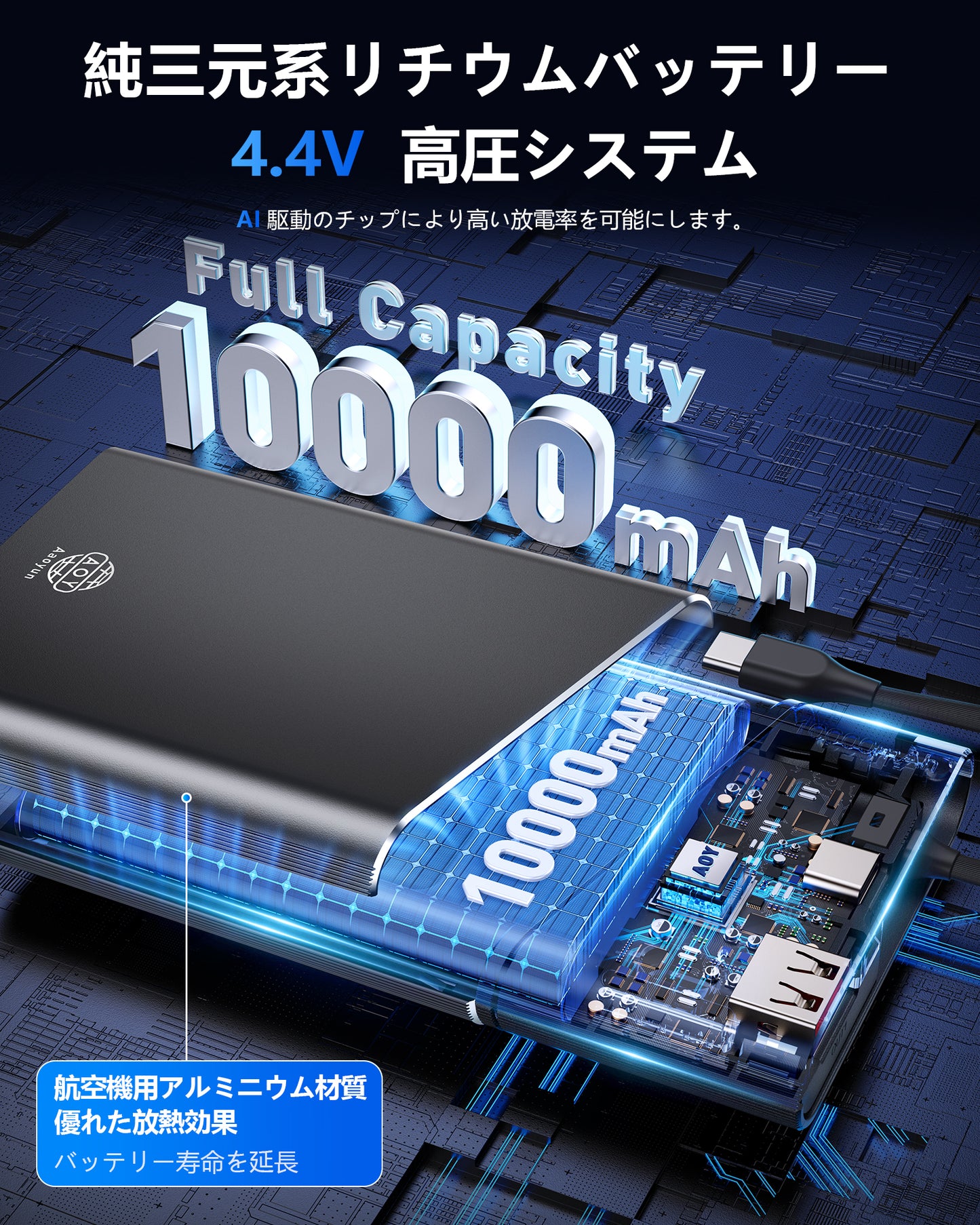 AOY-B2 グレー 22.5W急速充電 超スリム モバイルバッテリー ケーブル付き 5000mAh/10000mAh/20000mAh