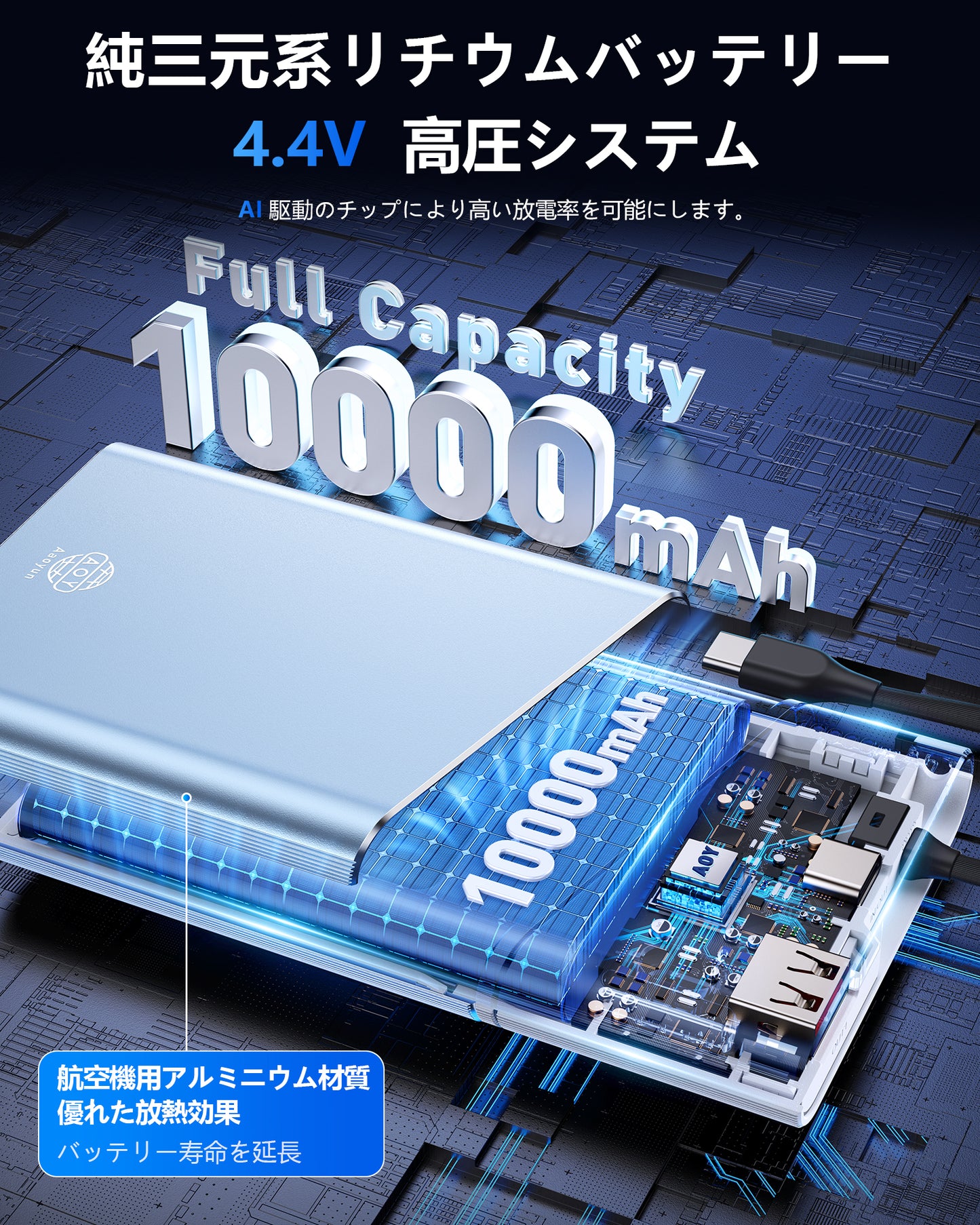 AOY-B2 ブルー 22.5W急速充電 超スリム モバイルバッテリー ケーブル付き 5000mAh/10000mAh/20000mAh