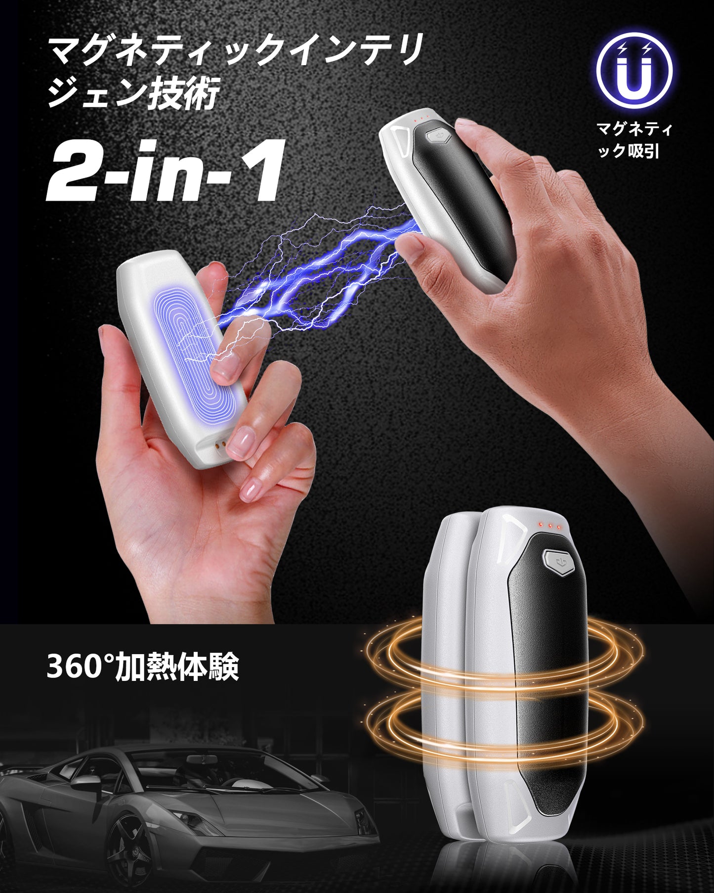 AOY-N4 ホワイト 充電式カイロ 充電ケース付き 14000mAh大容量バッテリー 2個セット 分離式 最大60時間連続発熱 3段階温度調整 超軽量 持ち運びやすい