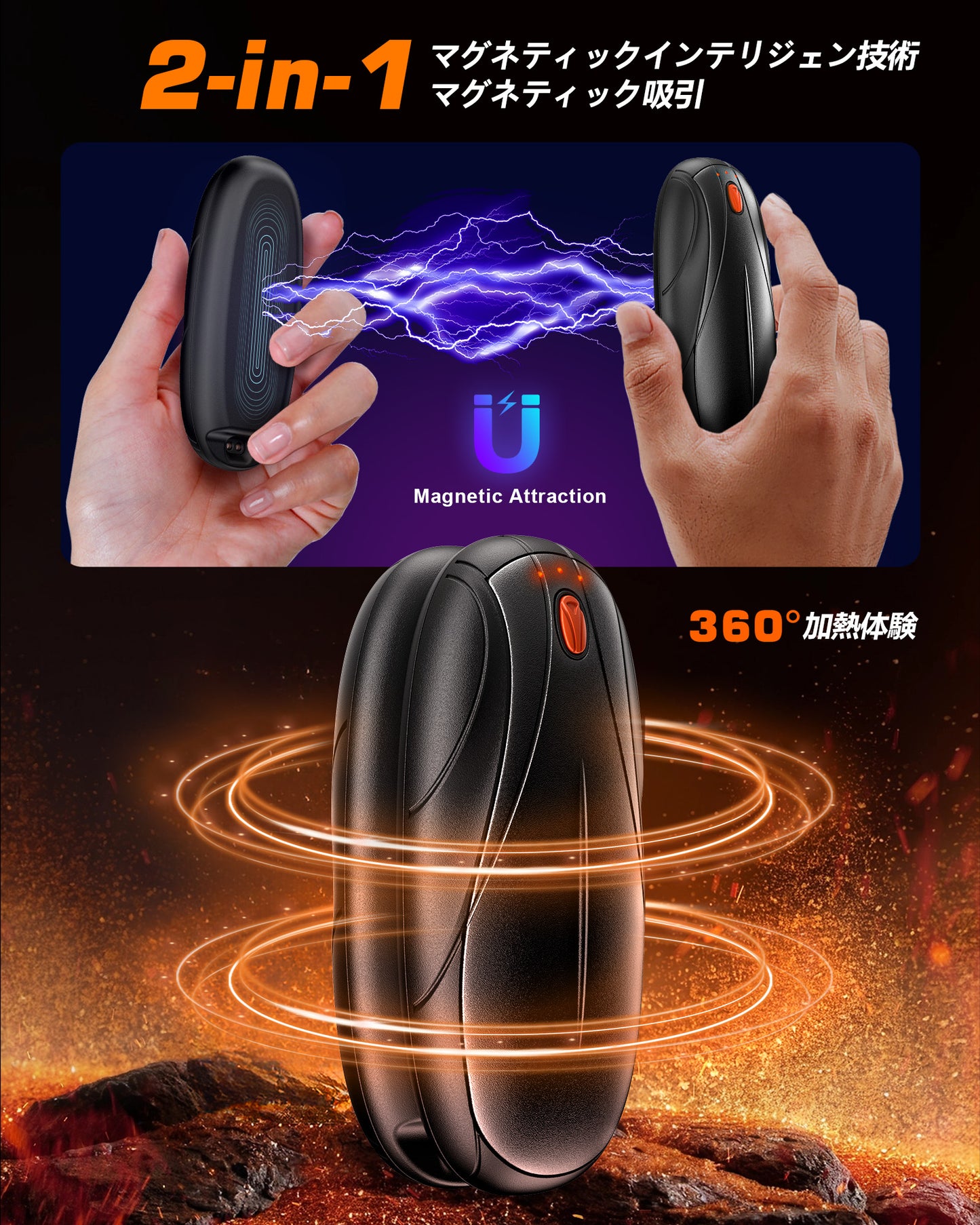 AOY-N7 ブラック 充電式カイロ 充電ケース付き 14000mAh大容量バッテリー 2個セット 分離式 最大60時間連続発熱 3段階温度調整 超軽量 持ち運びやすい