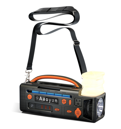 AOY-320 ポータブル電源 296Whバッテリー、純正弦波インバーター搭載、LED懐中電灯、キャンプライト付き 300Wソーラー発電機