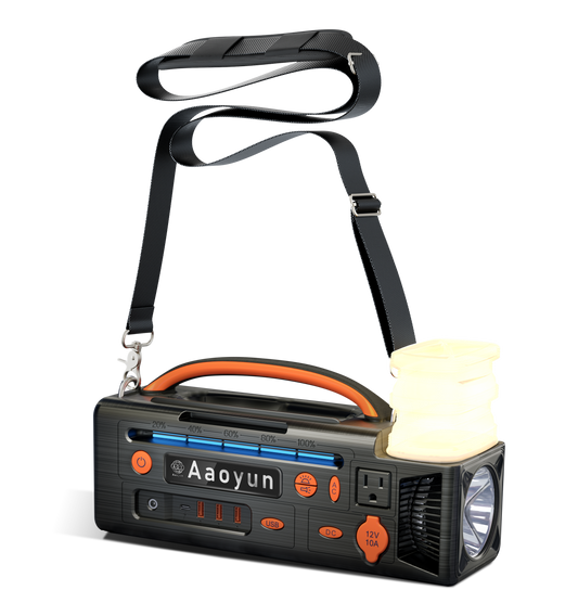AOY-320 ポータブル電源 296Whバッテリー、純正弦波インバーター搭載、LED懐中電灯、キャンプライト付き 300Wソーラー発電機