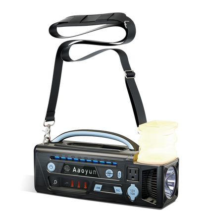 AOY-320 ポータブル電源 296Whバッテリー、純正弦波インバーター搭載、LED懐中電灯、キャンプライト付き 300Wソーラー発電機