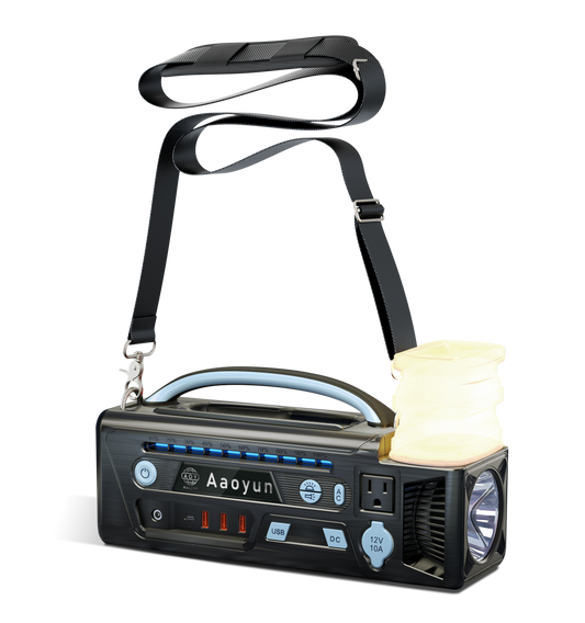 AOY-320 ポータブル電源 296Whバッテリー、純正弦波インバーター搭載、LED懐中電灯、キャンプライト付き 300Wソーラー発電機