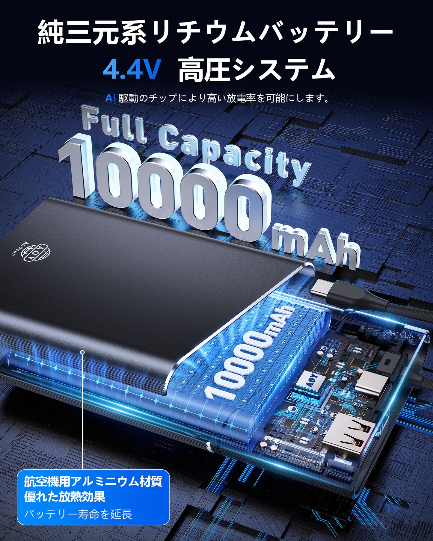 AOY-B2 ブラック 22.5W急速充電　超スリム モバイルバッテリー  ケーブル付き 5000mAh/10000mAh/20000mAh