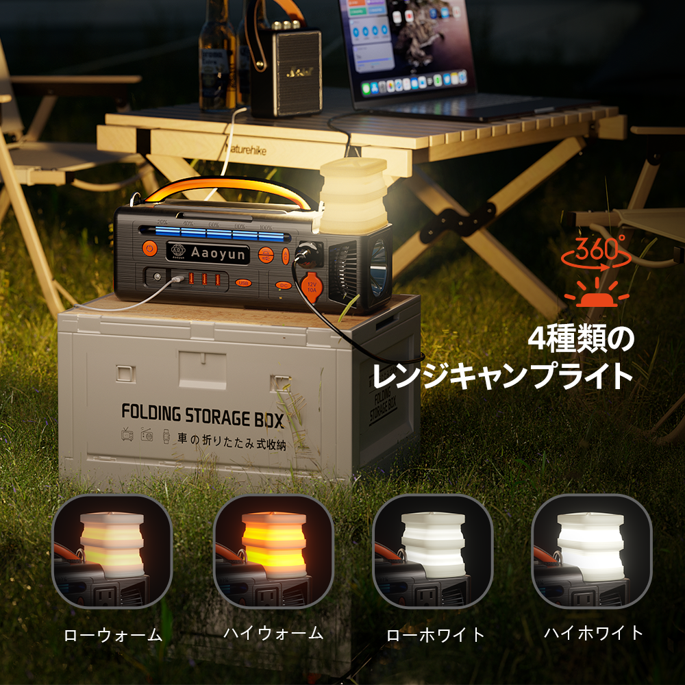 AOY-320 ポータブル電源 296Whバッテリー、純正弦波インバーター搭載、LED懐中電灯、キャンプライト付き 300Wソーラー発電機