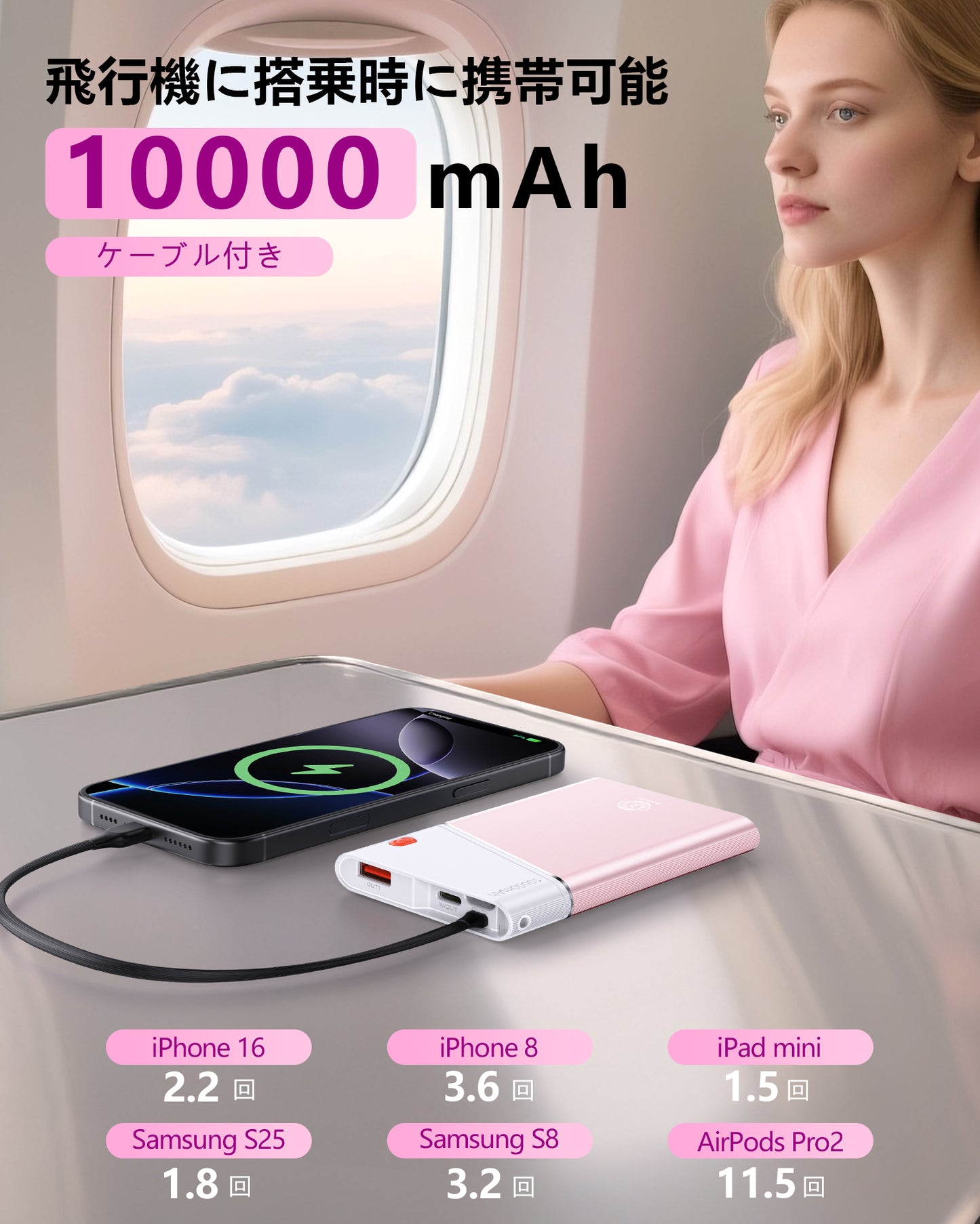 AOY-B2 ピンク 22.5W急速充電　超スリム モバイルバッテリー  ケーブル付き 5000mAh/10000mAh/20000mAh