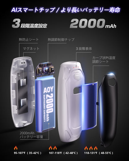 AOY-N4 ホワイト 充電式カイロ  充電ケース付き 14000mAh大容量バッテリー 2個セット 分離式 最大60時間連続発熱 3段階温度調整　超軽量　持ち運びやすい