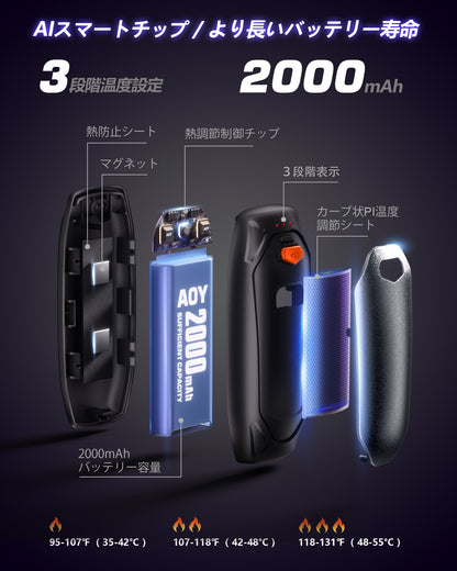 AOY-N4 グレー 充電式カイロ  充電ケース付き 14000mAh大容量バッテリー 2個セット 分離式 最大60時間連続発熱 3段階温度調整　超軽量　持ち運びやすい